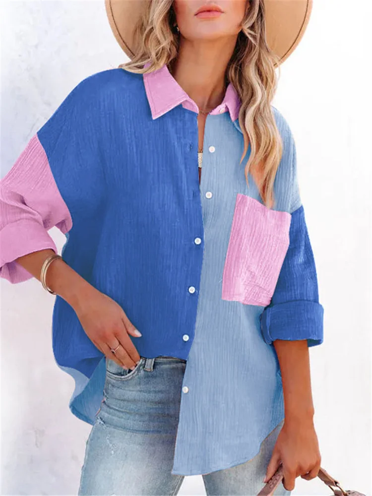 Vrouw Zoete Roze Patchwork Katoenen Shirts 2022 Lente Casual Vrouwelijke Losse Lange Mouwen Dames Chic Oversized Button Tops