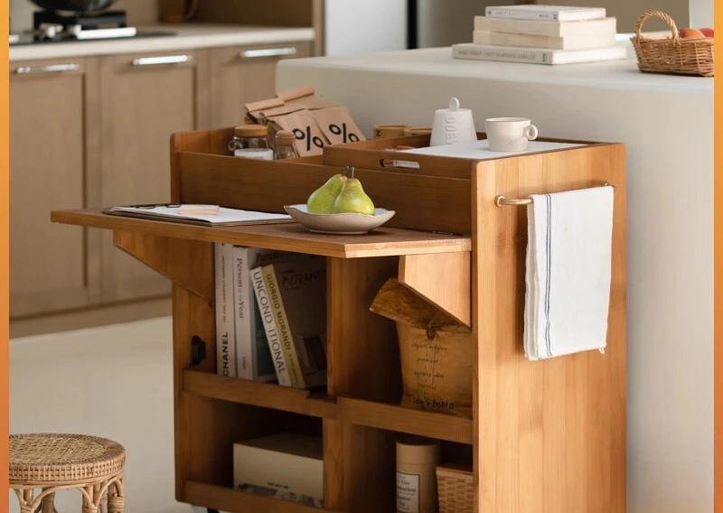 Middle aged solid wood multifunctional folding cart, movable coffee table, workbench, storage cabinet