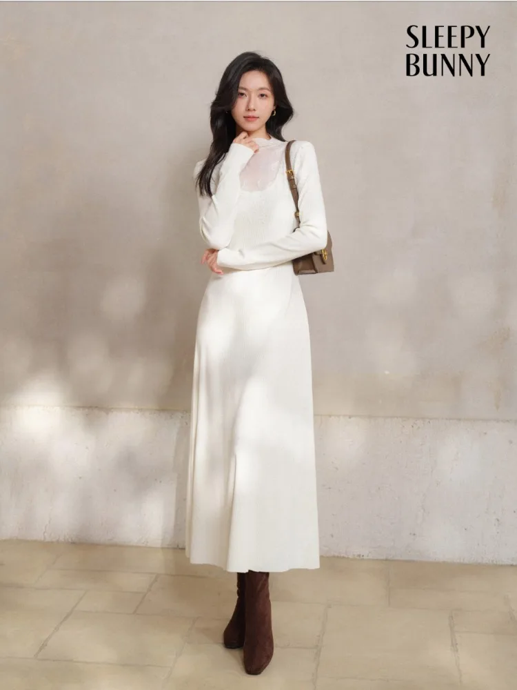 

Lace-Mesh Knit Dress Women Winter Slim A-Line Long Dress Elegant Soft Knit Maxi with Sheer Neck Splicing Layered Chic Styling