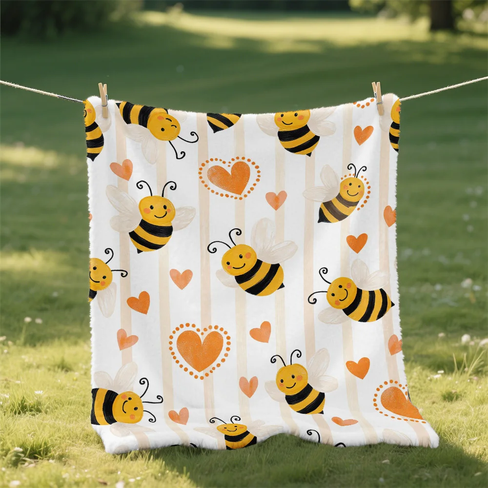 1pc Warm And Cute Bee Vector Print Plush Blanket, Camping Blanket, Soft And Comfortable, Suitable for Outdoor Adventures, Car Tr