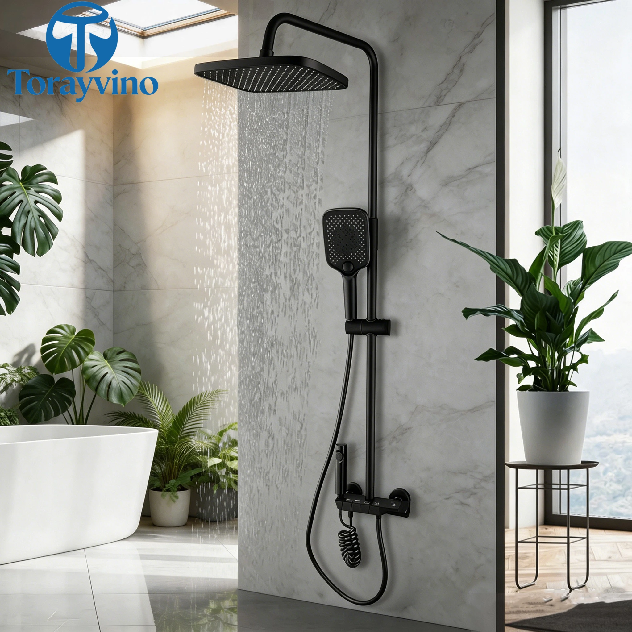 

Torayvino Bathroom Black luxury Shower System Set 4-way Rainfall Head high quality outdoor faucet rain shower head column