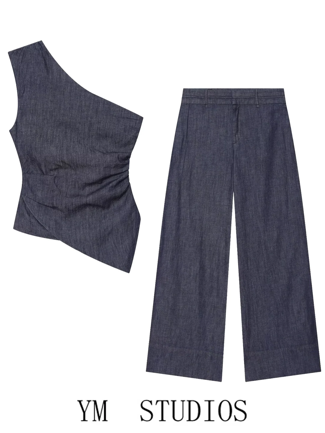 Women's Asymmetrical Pleated Vest Wide Leg Pants Set Slant Shoulder Padded Powerful Presence Outfit Polyester Fiber Slim Fit