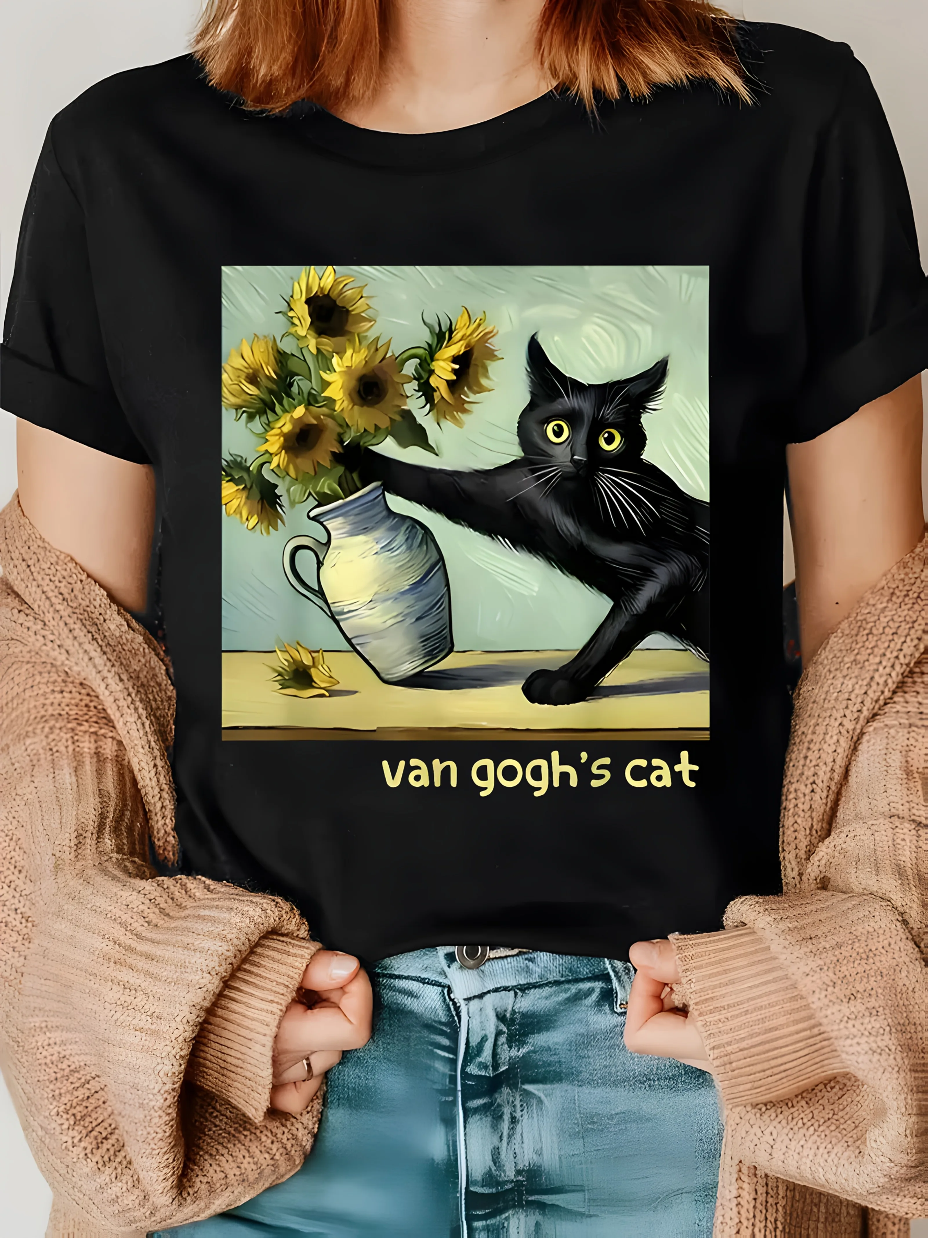 Women's Van Gogh Starry Night Inspired Cat & Sunflowers Art Print T-Shirt - Olive Green Casual Round Neck Short Sleeve Tee