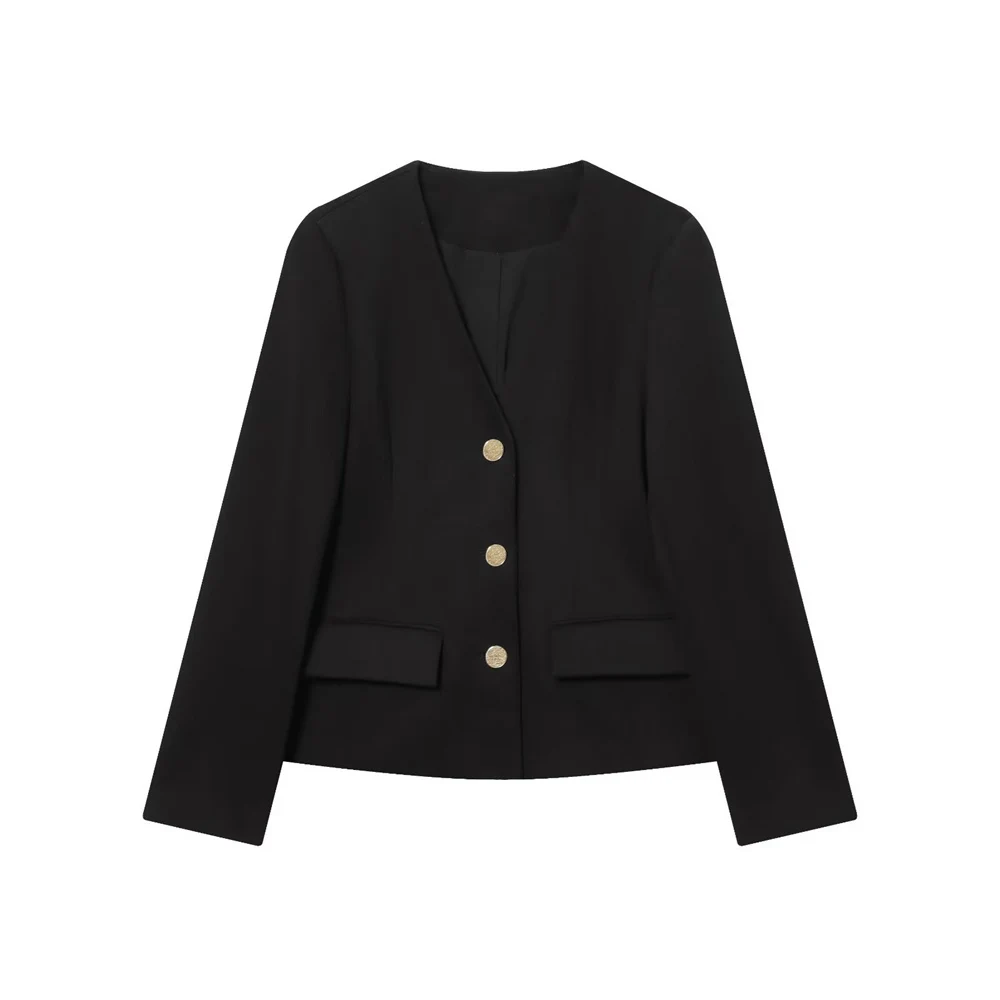 

Autumn new women's commuting slim fit V-neck long sleeved single breasted basic style shoulder pad solid color suit jacket