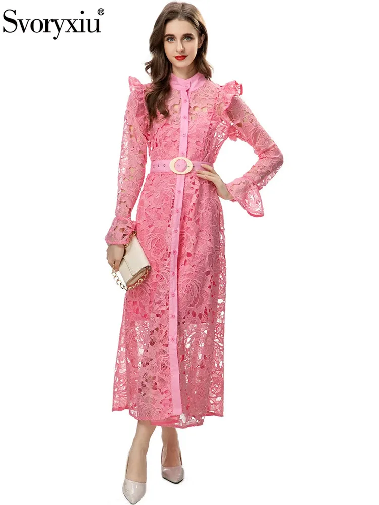 Svoryxiu Fashion Runway Autumn Pink Color Elegant Long Dress Women Stand Collar Flounces Sleeve Belt Hollow Out Embroidery Dress