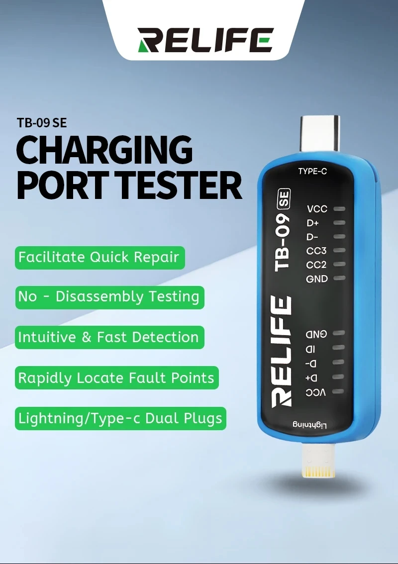 

RELIFE TB-09 SE Тестер зарядного порта с двойной вилкой Lightning Type C Инструмент для быстрого обнаружения неисправностей для ремонта телефона