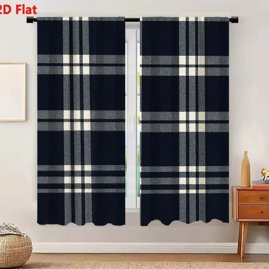 2Pcs Curtains 2D Flat Classic Navy Blue Tartan Plaid Pattern With White And Gray Stripes Window Drapes for Bedroom Room Decor De