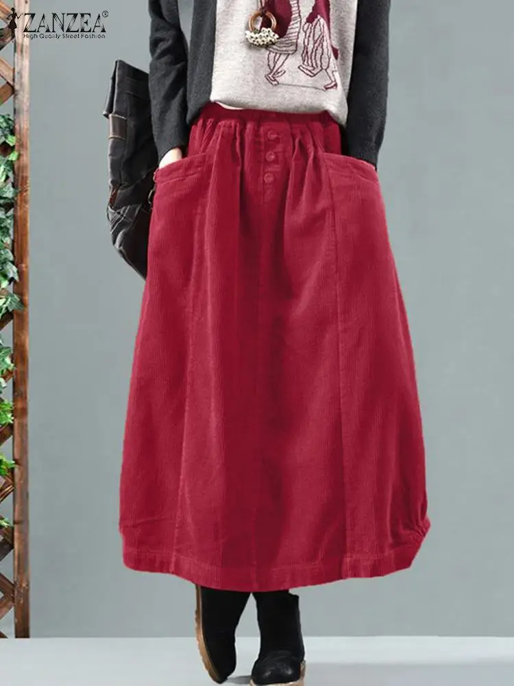 ZANZEA-Faldas de pana para mujer, Faldas elegantes de cintura elástica, lisas, sueltas, Primavera, 2024