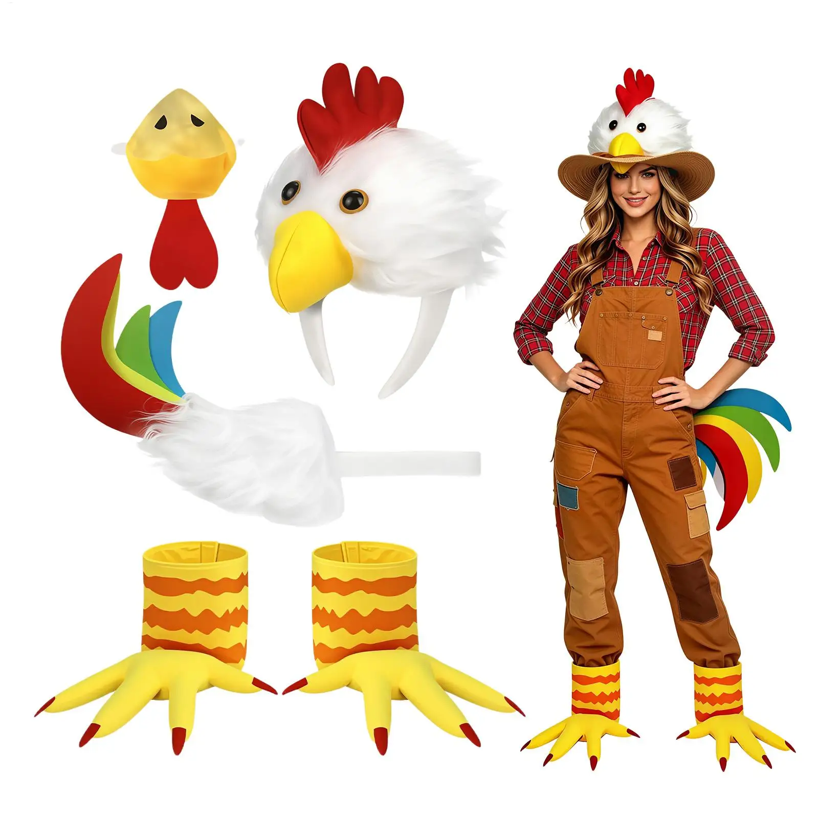 Rooster Chicken Costume Accessories Rooster Comb Headband, Chicken Tail, Rooster Beak Nose Mask, Chicken Feet Costume Shoes