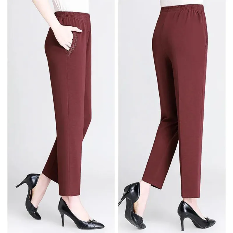 Big Size 5XL Women Casual Straight Pants Spring Summer Thin Loose Elastic High Waist Fashion Diamonds Pocket New Female Trousers