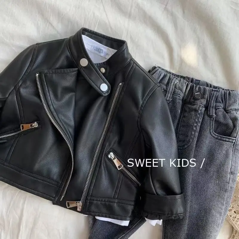 

Boys' Spring and Autumn Black Leather Jacket Classic New Handsome Boys' Jacket Boys' Baby Zipper Top