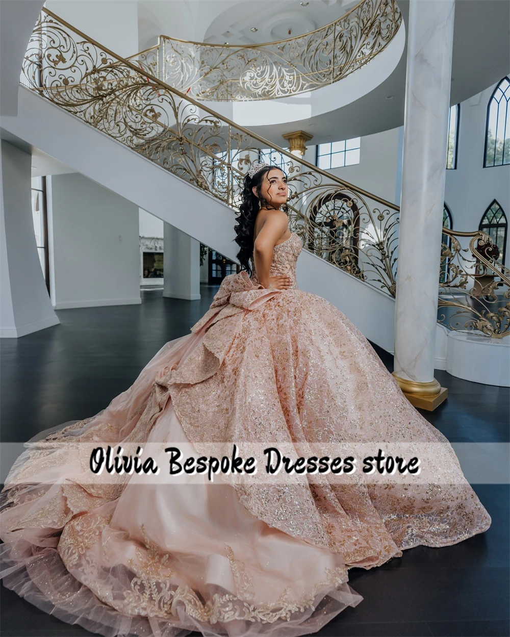 Robes de Quinceanera avec nœud à volants, appliques de dentelle perlée rose blush, robe de Rhpersonnalisée, fête d'anniversaire, 15 ans