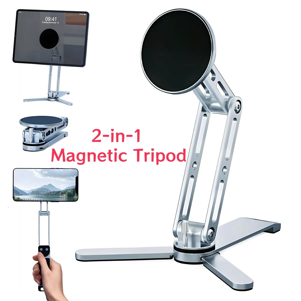 Magnetic Tripod Stand Universal with 2-in-1 Handheld&Desktop Handheld Modes Flexible 360 Degree Rotation Portable Tablet Holder