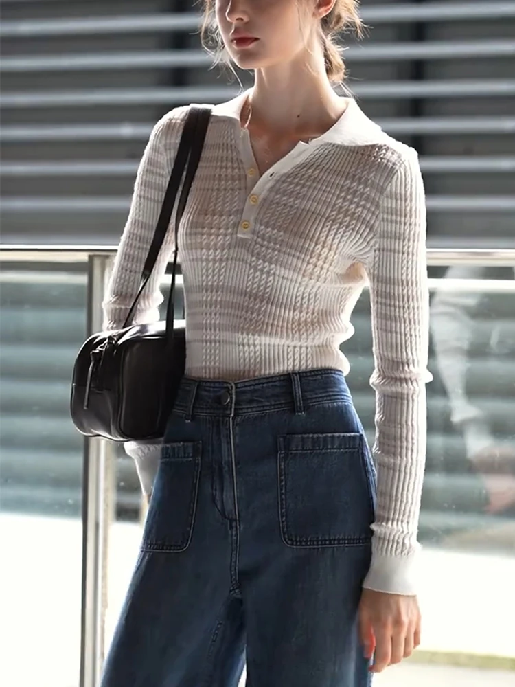 

Early Spring 2025 Texture Knitwear Slim Fit Korean Sle Long Sve irt Large Size Ele Sle f Open Collar Camere