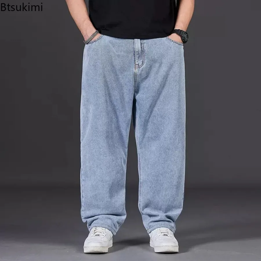 

Straight Through Jeans Men's Autumn Loose-Fit Straight-Leg Casual Denim Pants Elastic Waist Wide-Leg Design for Plus Size Men