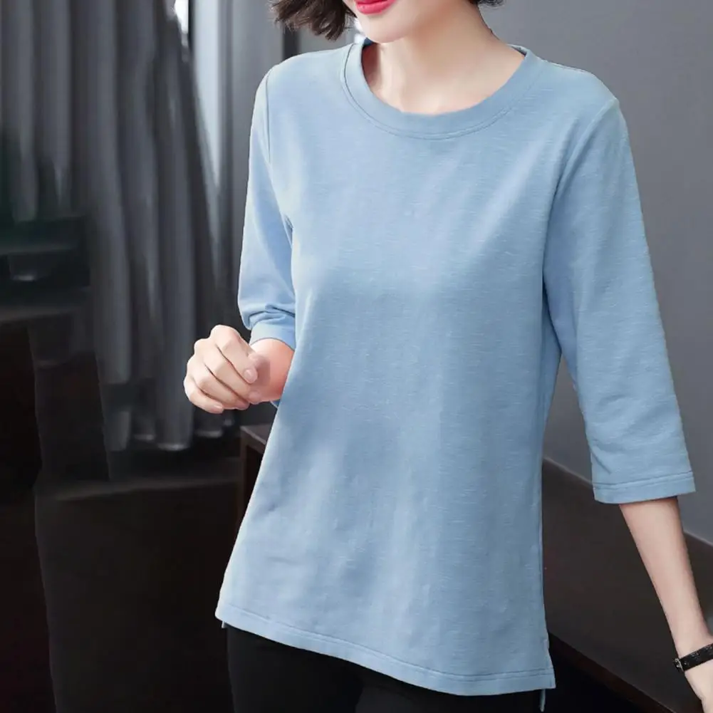 

Versatile Women T-shirt Women Tops O-Neck 3/4 Sleeve Solid Color Elastic Pullover Tops Regular Fit Summer T-shirt Daily Wear
