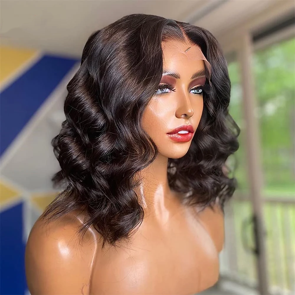 Wig Bob pendek gelombang tubuh 4X4 Wig Brasil HD transparan renda Frontal Wig renda depan rambut manusia bergelombang Wig penutupan renda untuk wanita