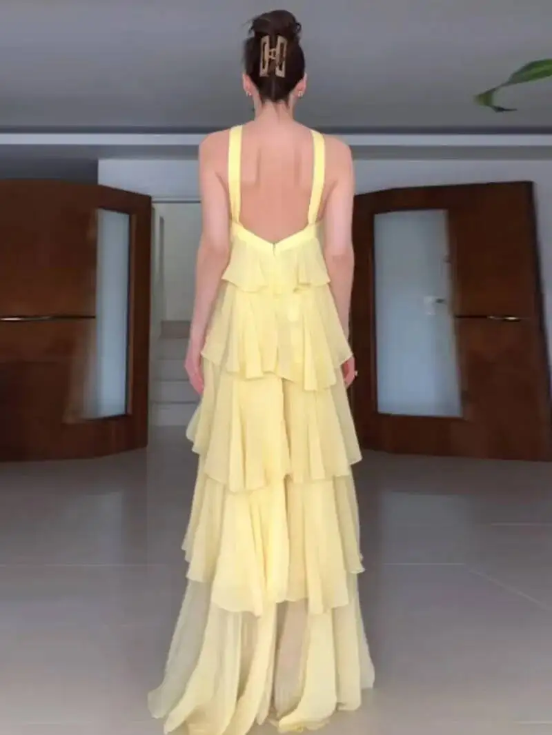 Sukienki damskie z falbanami 3D w kształcie kwiatów, eleganckie, szyfonowe, bez pleców, bez rękawów, puszyste, długie sukienki letnie, nowe sukienki plażowe dla kobiet.