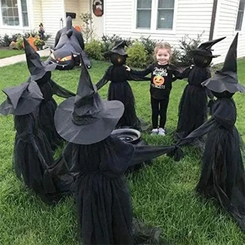 Halloween Light-Up Witches Decoration with Stakes Outdoor Holding Hands Screaming Witches Sound Activated Sensor Decor