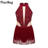 Kids Girls Ballet Dance Leotard Rhinestone Tassel Bodysuit Dress Gymnastics Figure Skating Latin Performance Costume Dancewear