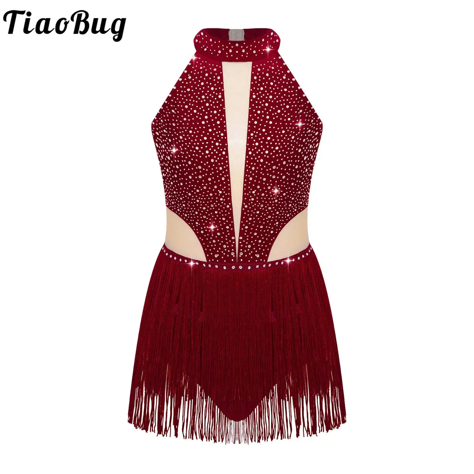 Dziecięcy dziewczęcy trykot baletowy Rhinestone body z frędzlami sukienka gimnastyka łyżwiarstwo figurowe kostium do tańca latynoskiego