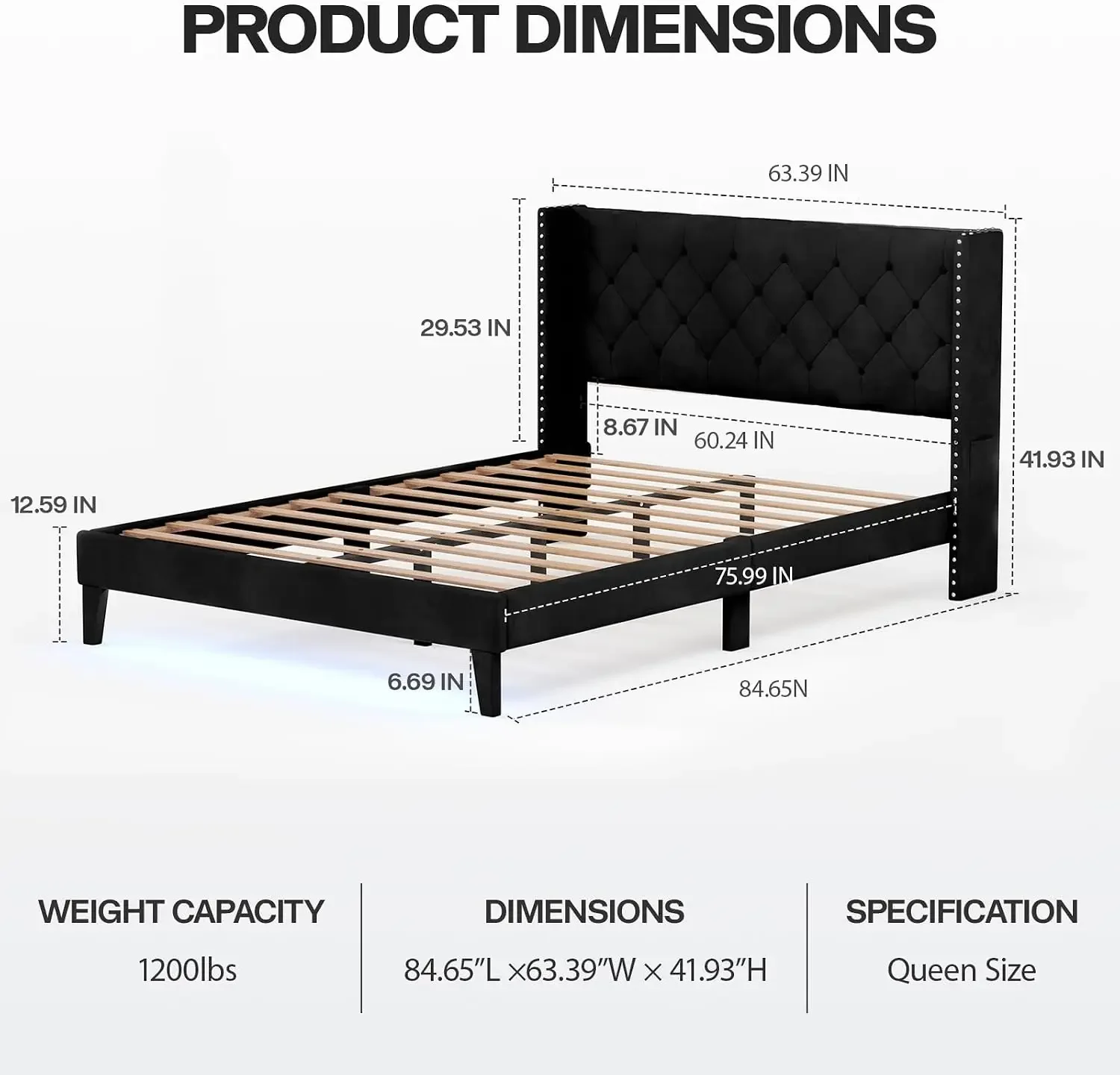 Queen Size Bed Frame with Led Lights, Upholstered Velvet Platform Bed Frames with Button Tufted Wingback Headboard and Footboard