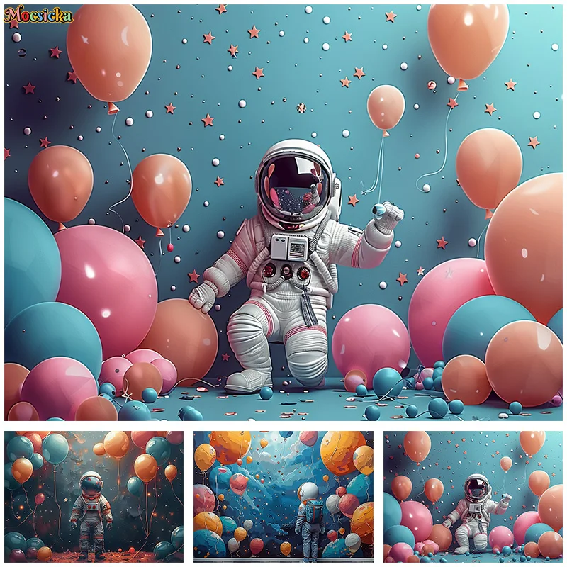

Mocsicka Photography Backdrop Kid Happy Birthday Backdrop Astronaut Balloon Backdrop Cake Smash Photo Banner Studio Prop