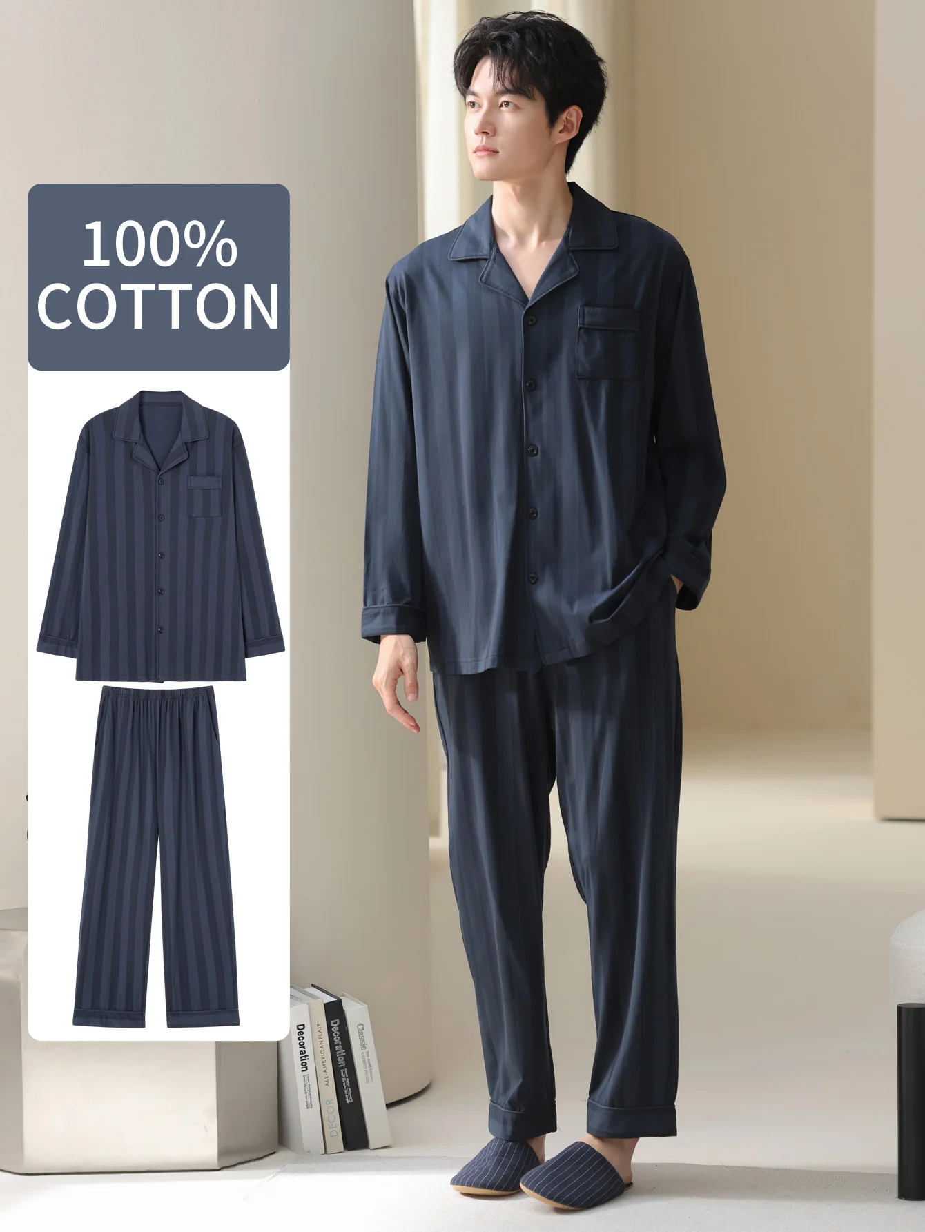 Men's 100% Cotton Long Sleeved Four Season Plus Size Men's Sleepwear, Teenage Pure Cotton Home Suit Set for Warmth