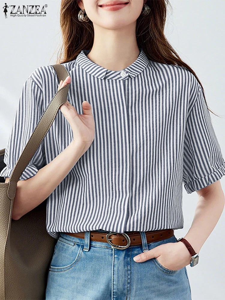 

ZANZEA женские повседневные полосатые рубашки элегантные шикарные отложные воротники с короткими рукавами на пуговицах сорочки Femme уличная одежда летние топы