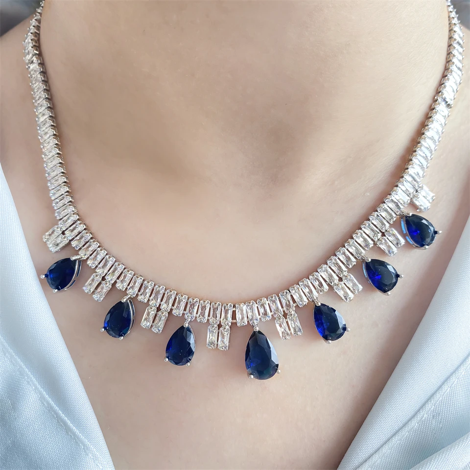 ZAKOL Funkelndes AAA-Kubikzirkonia-Set mit großen Wassertropfen-Ohrringen und Halskette, luxuriöser Brautschmuck für Hochzeiten und Partys – Detail 5