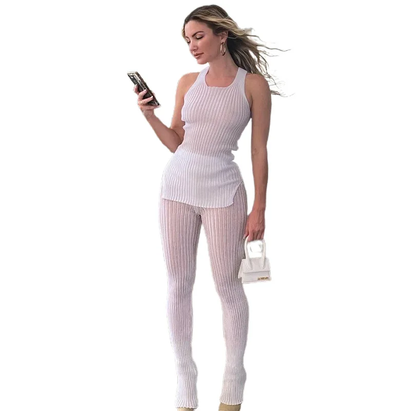 Summer New Women's Clothing Sleeveless Split-ended T-shirt Fashion Slim-fitting Perspective Trousers Casual Suit Women