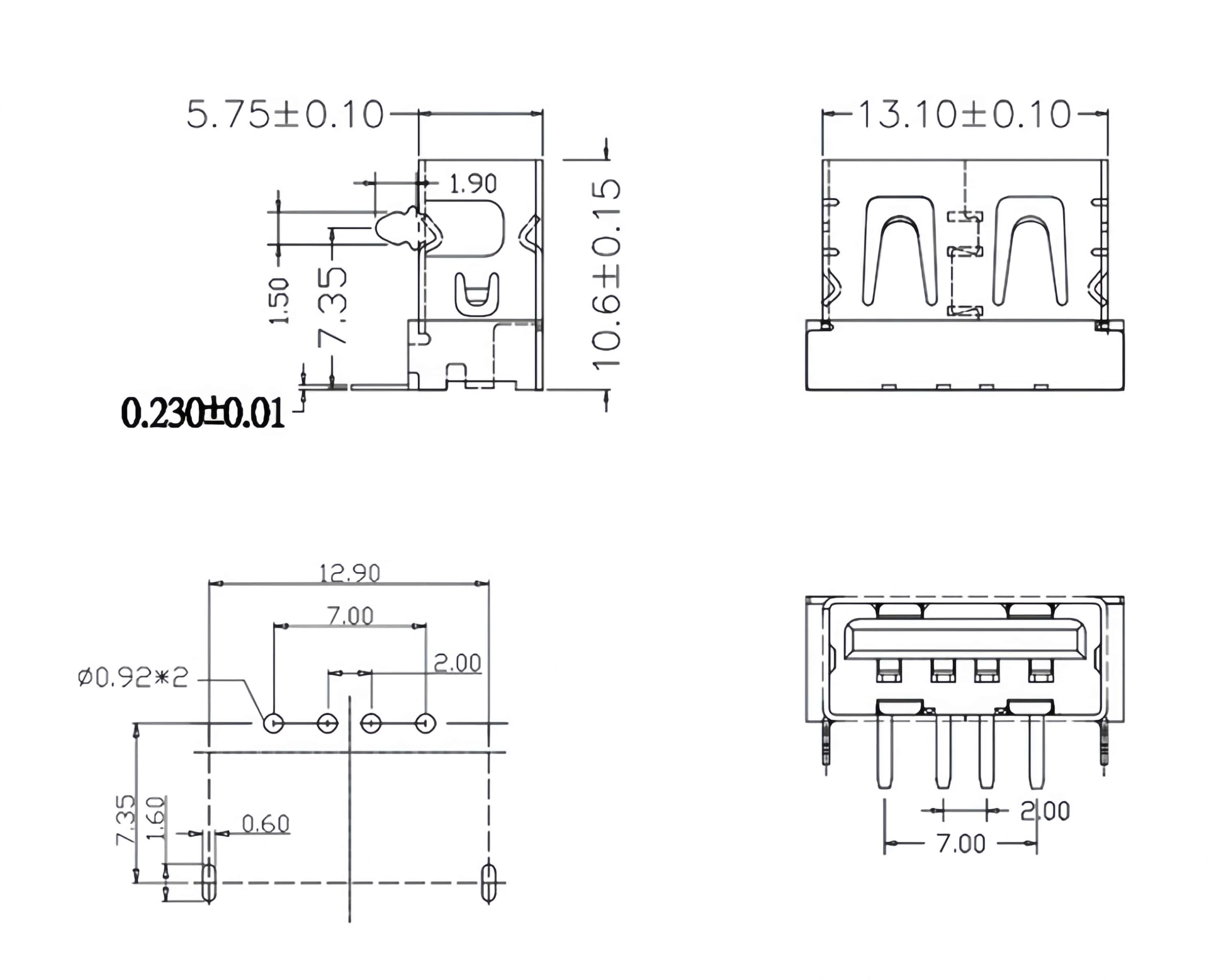 10Pcs USB Connector AF10.6, 4-Pin, Flat Edge Type-A Female USB Socket