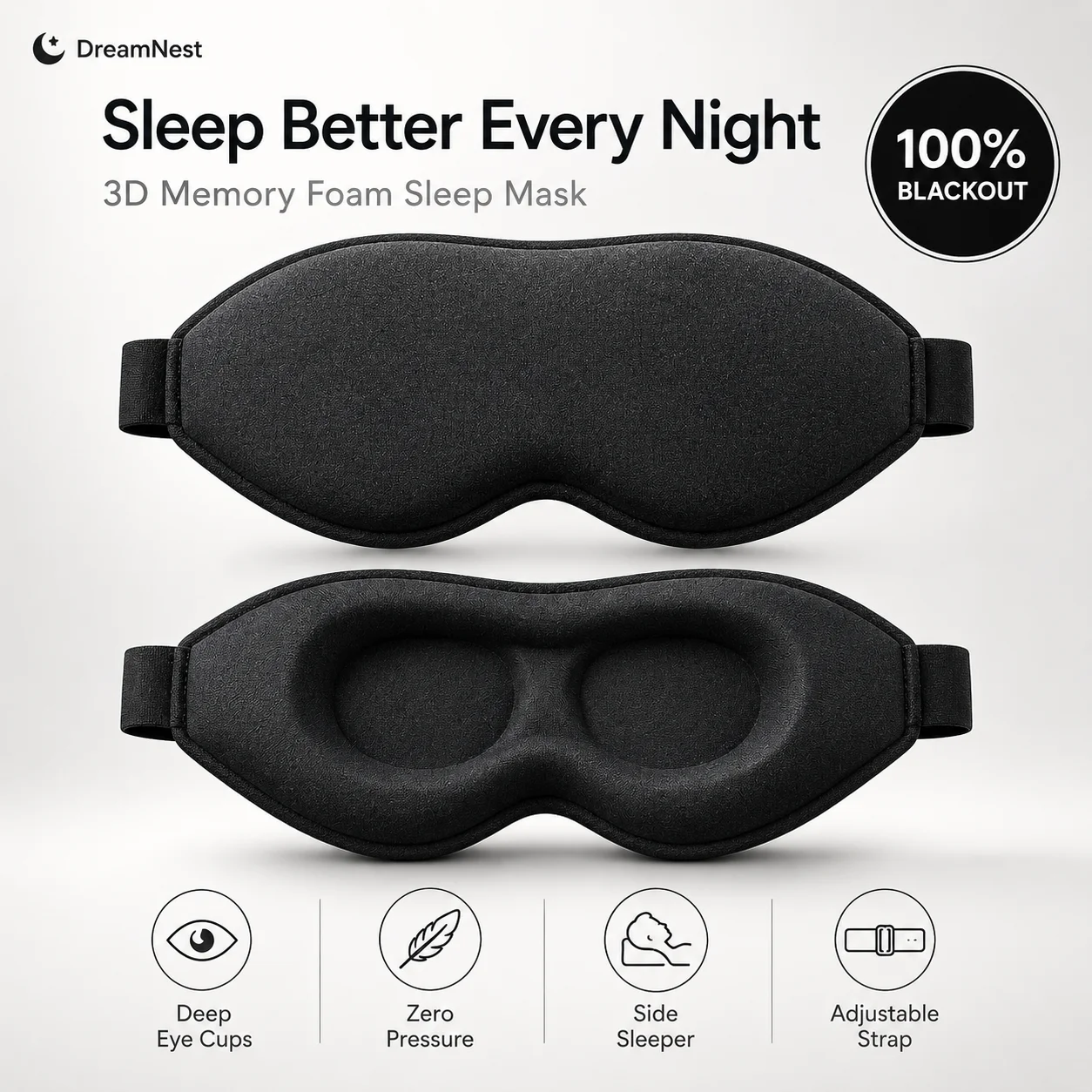 3D Ergonomic Memory Foam Sleep Mask,100% Light Blocking Eye Mask with Deep Eye Cups,Ultra Soft Breathable for Side Sleepers