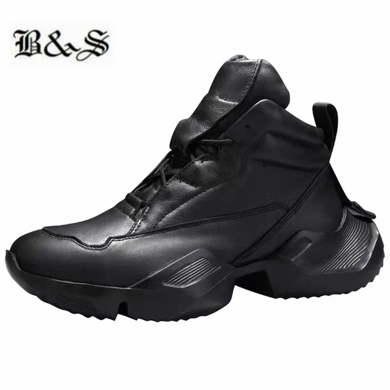 

Black& Street 2022 Cow Leather handmade Thick Sole platform Men Trainer Boots Lace Up New lightweight sneaker Boots