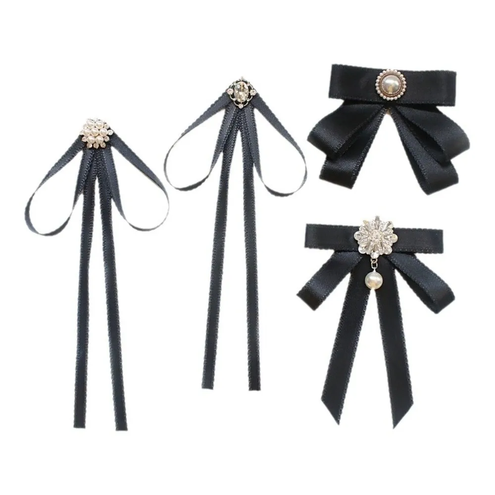 Simple Solid Color Black Ribbon Pin Pearl Rhinestones Black Bow Necktie Multi-layer JK Funerals Memorial Pin Mourning