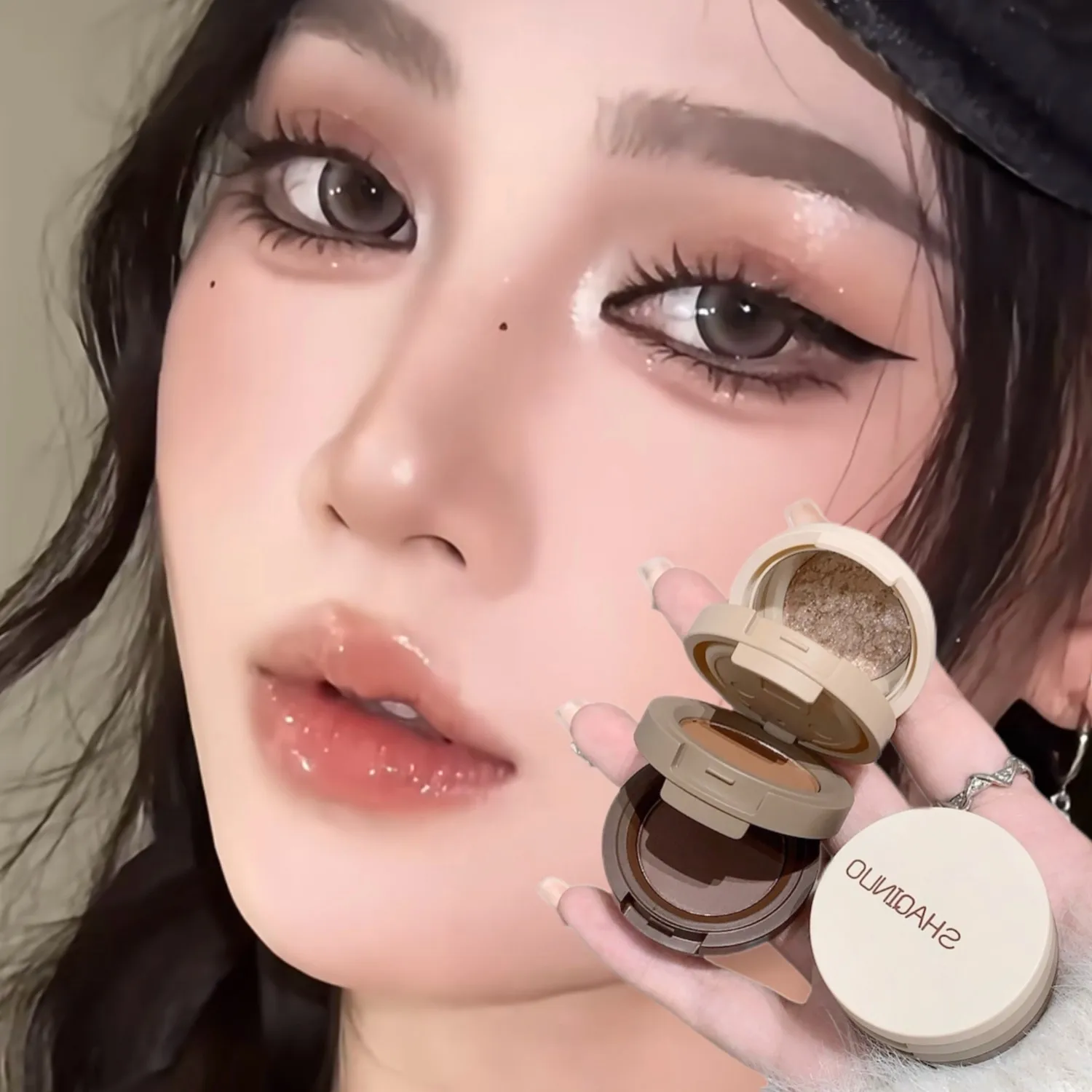 SHAQINUO 3 레이어 3 색 올인원 아이 섀도우 케이크 펄 파인 글리터 다기능 올인원 아이 섀도우 팔레트