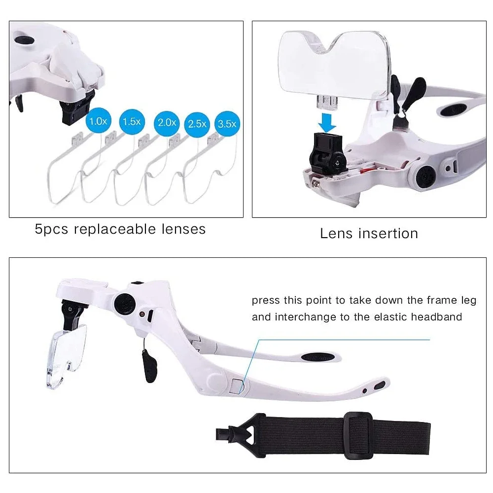 TKDMR USB Rechargeable Headband Glasses Magnifier 2LED Light Lamp Illuminated Magnifying Eyewear For Tool Repair Embroidery Read
