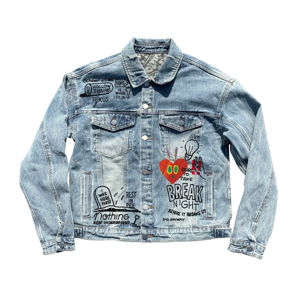 

Waed out Vintage Artist fiti Denim Jaet Youth Casual Long Sve Outerwear for Couples Loose Fit Spring Autumn