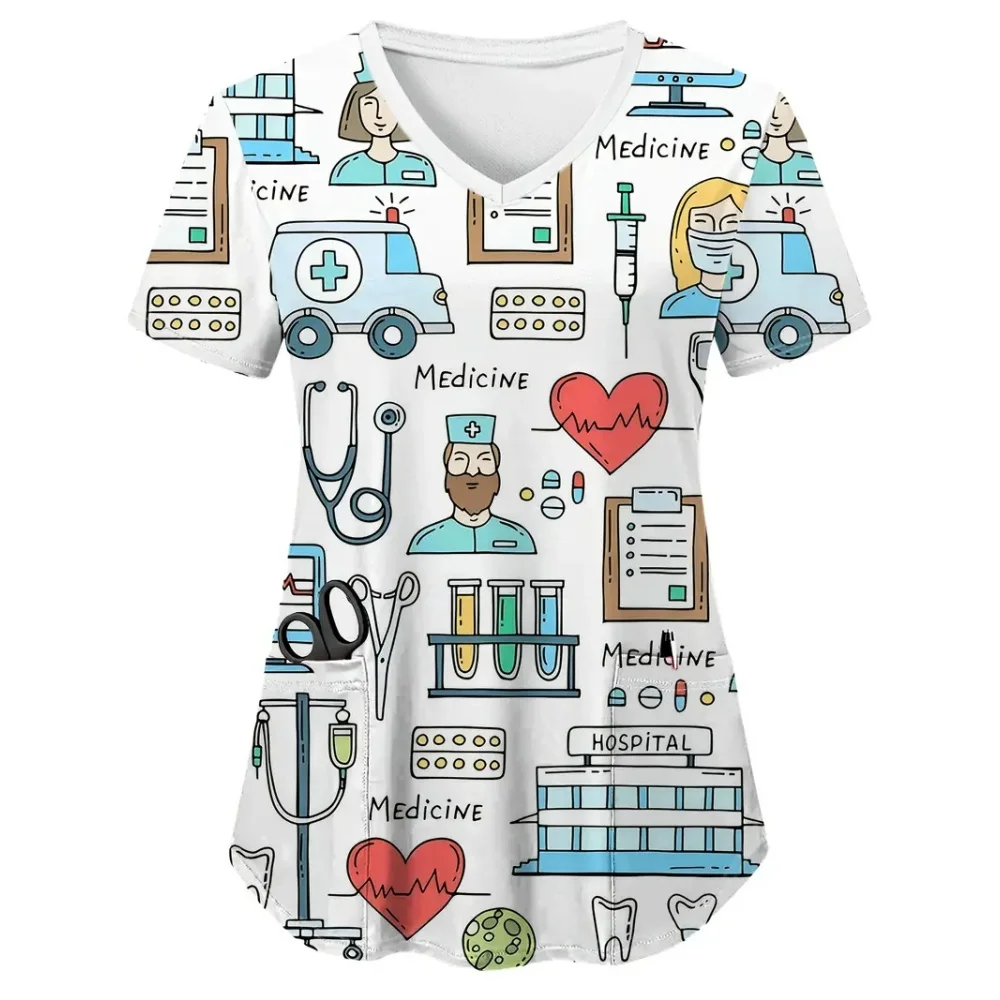 Uniformes cliniques pour femmes, uniforme de gommage de dentiste de soins de santé imprimé, à la mode, col en v, poche, manches courtes, uniformes de soins infirmiers