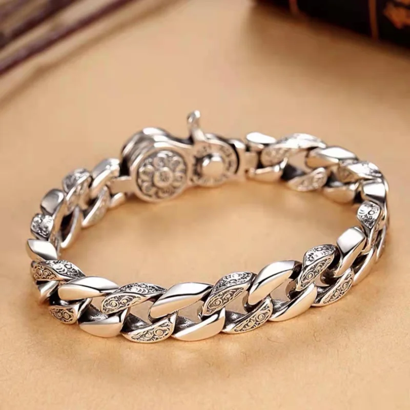 Silver-Plated Bracelet With Six-Word Mantra, Rotatable Trendy Wide Version, Elegant Retro Fashionable Versatile Men'S Je