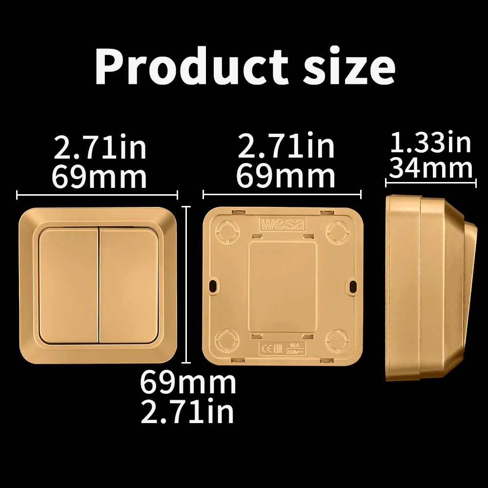 WESA Golden Wall Surface Button Light Switch EU Spray Paint Plastic Outdoor 2 Gang 1 Way Wall Exterior Rocker On / Off Switch