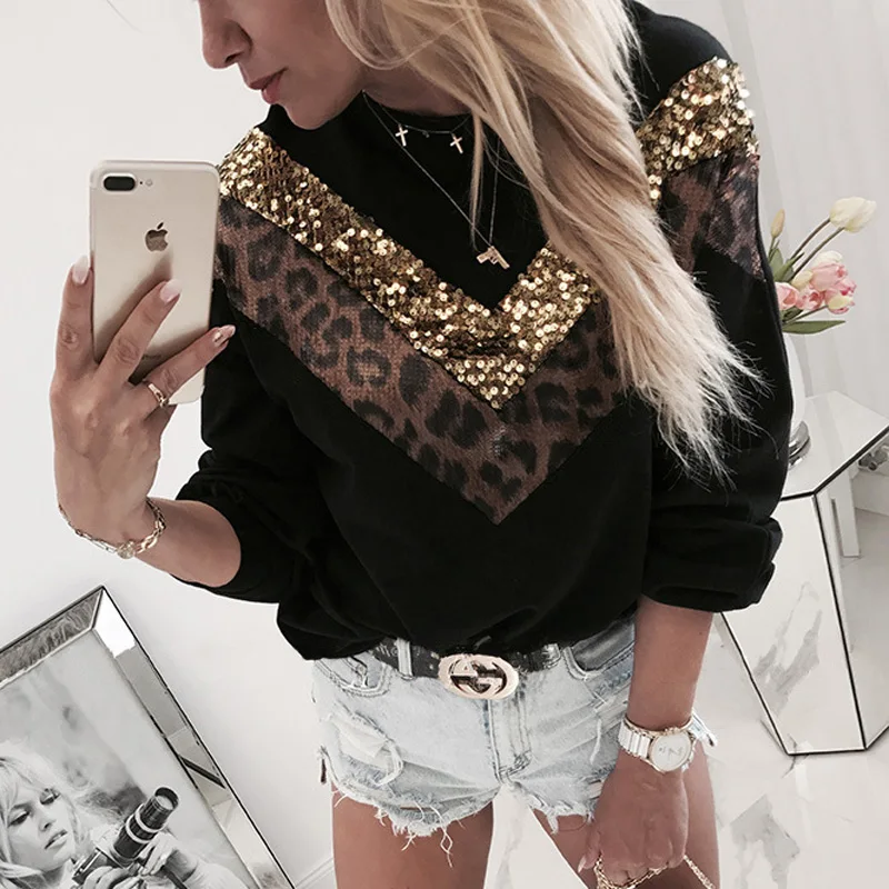 Women Sequins Lips Print Fashionable Sweatshirt Autumn Leopard Long Sleeve Beading Hoodie Lady O-neck Kawaii Sweatshirt Hoodies