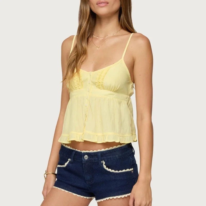 Women V Neck Y2k Babydoll Top Fairy Camisole Spaghetti strap Ruffle Hem Tanks Cute Sleeveless Going Out Camis Shirt