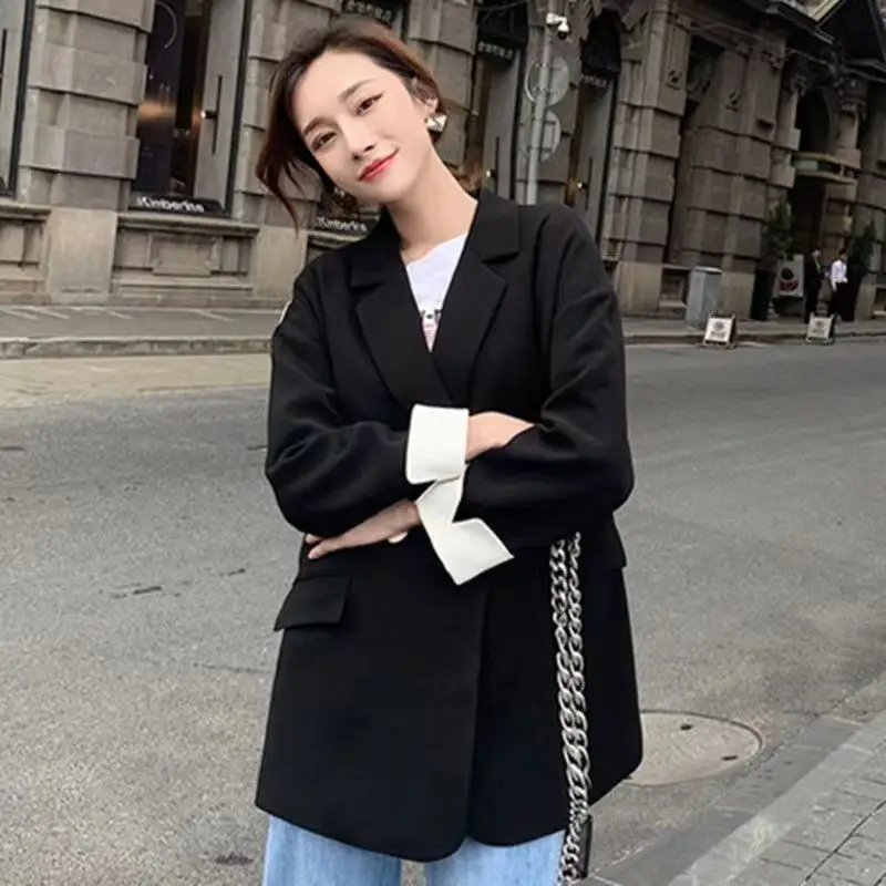 ロングブレザー女性春カジュアルオフィスレディラペルダブルブレストスリムフィットエレガントなソリッドカラーのファッションアウターミニマリスト