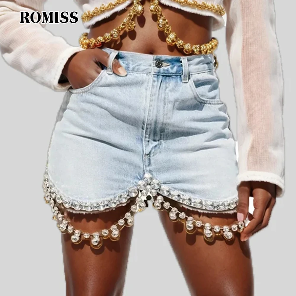 

ROMISS Denim Bodycon Skirts For Women High Waist Patchwork Diamonds Slimming Hit Color A Line Summer Mini Skirt Female 2024