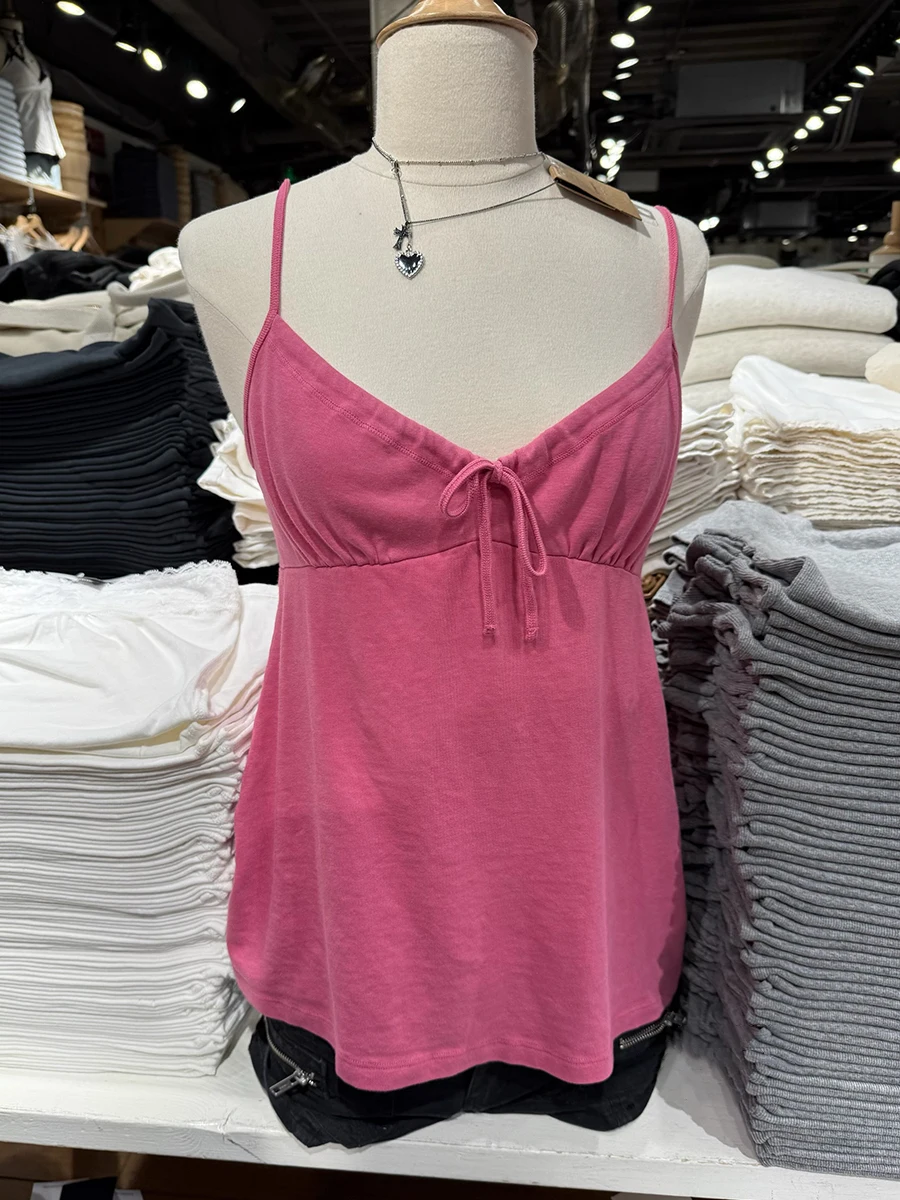 Rosarotes, schmales Crop-Top mit Schnürung für Damen, Sommer, neu, V-Ausschnitt, Baumwolle, ärmellos, Camisole, weiblich, schick, einfarbig, All-Match, süße Weste, Y2k