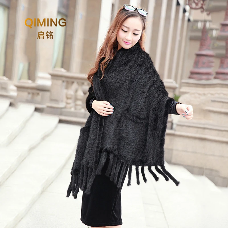 Women Real Mink Fur Shawl Knitted Big Size With Tassels Female Real Fur Capes and Wraps Pashmina Luxury Winter Scarf Coats