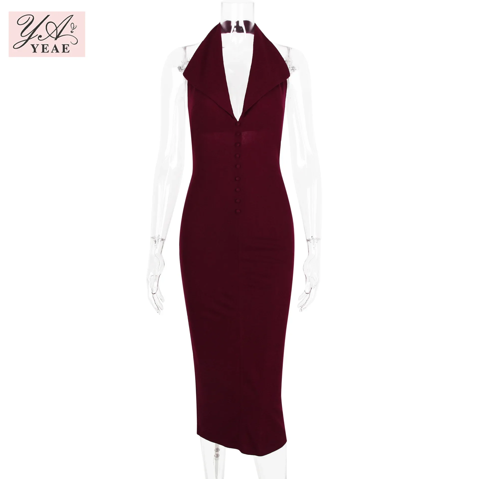 Sexy backless V-neck suit MIDI sheath wrap hip slit halter dress formal dress women elegant