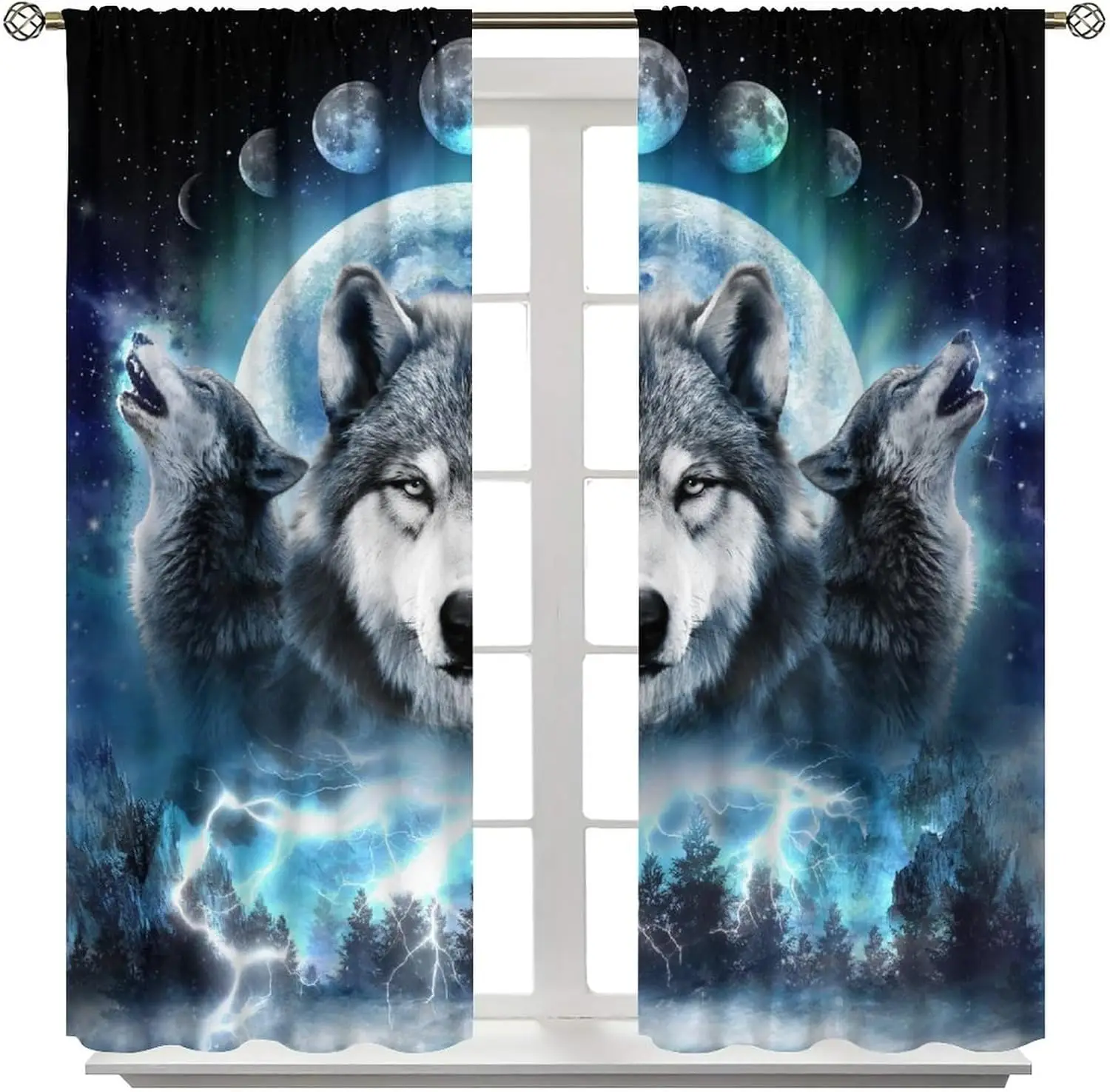 Moon Wolf Curtains, Fantasy Mystery Forest Lightning Howling Wild Wolves Window Drapes for Kids and Teenage Bedroom Decor