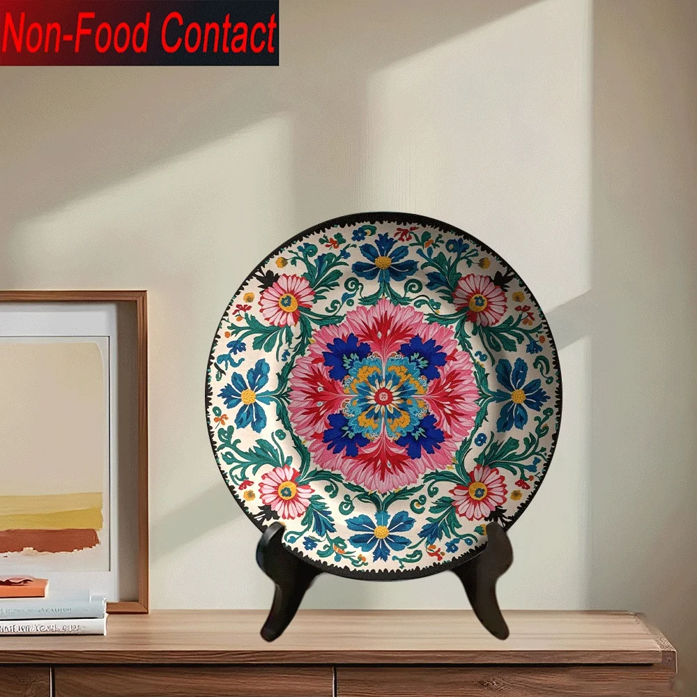 Luxury Multicolored Floral Mandala Ceramic Decor Plate - Hanging Wall Art, Suitable for Families, Living Rooms, and Dining Rooms